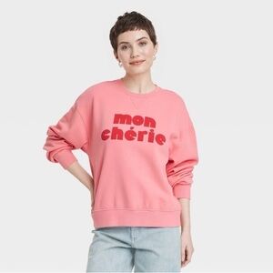 Universal Thread Women's Oversized Sweatshirt Coral Red Mon Chérie Graphic